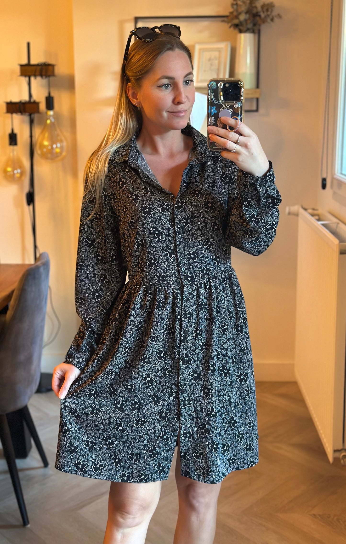 Robe chemise fluide imprimé floral noir et gris T.38