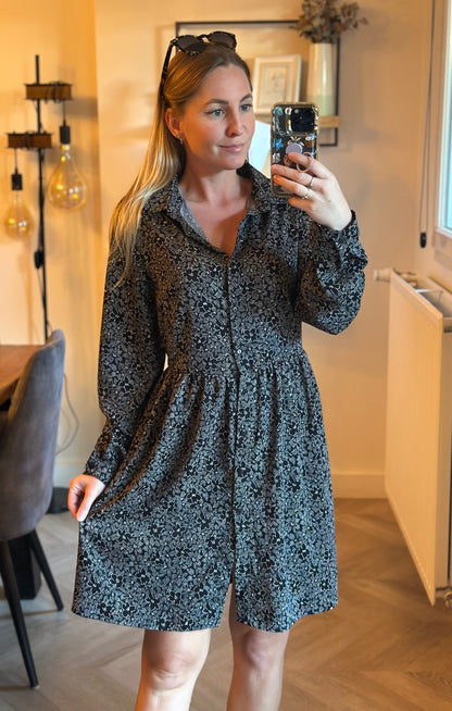 Robe chemise fluide imprimé floral noir et gris T.38