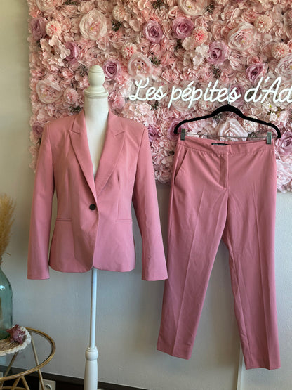 Ensemble de tailleur deux pièces blazer + pantalon rose clair T.38/40