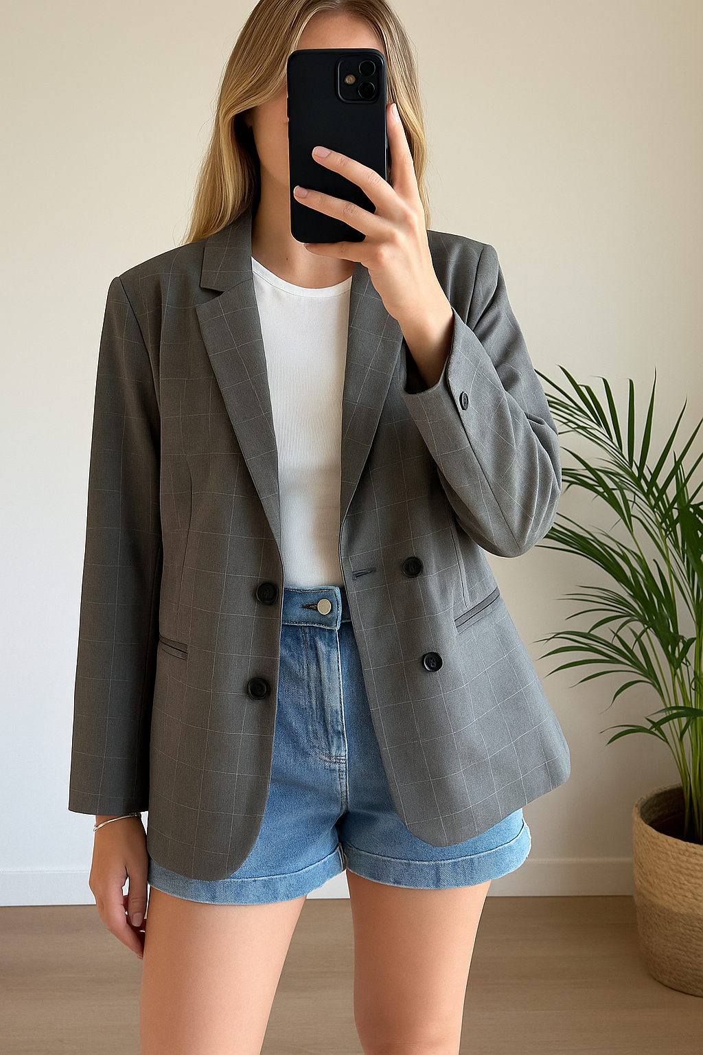 Veste blazer oversize gris à carreaux T.38