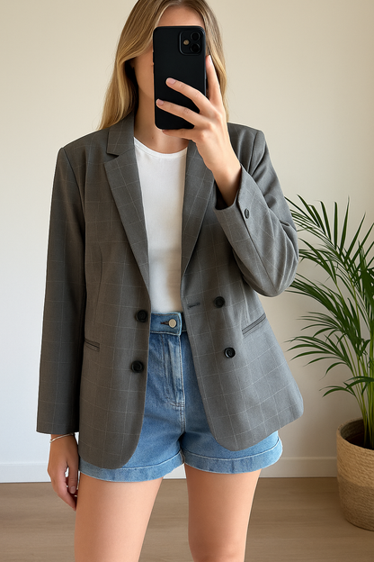 Veste blazer oversize gris à carreaux T.38