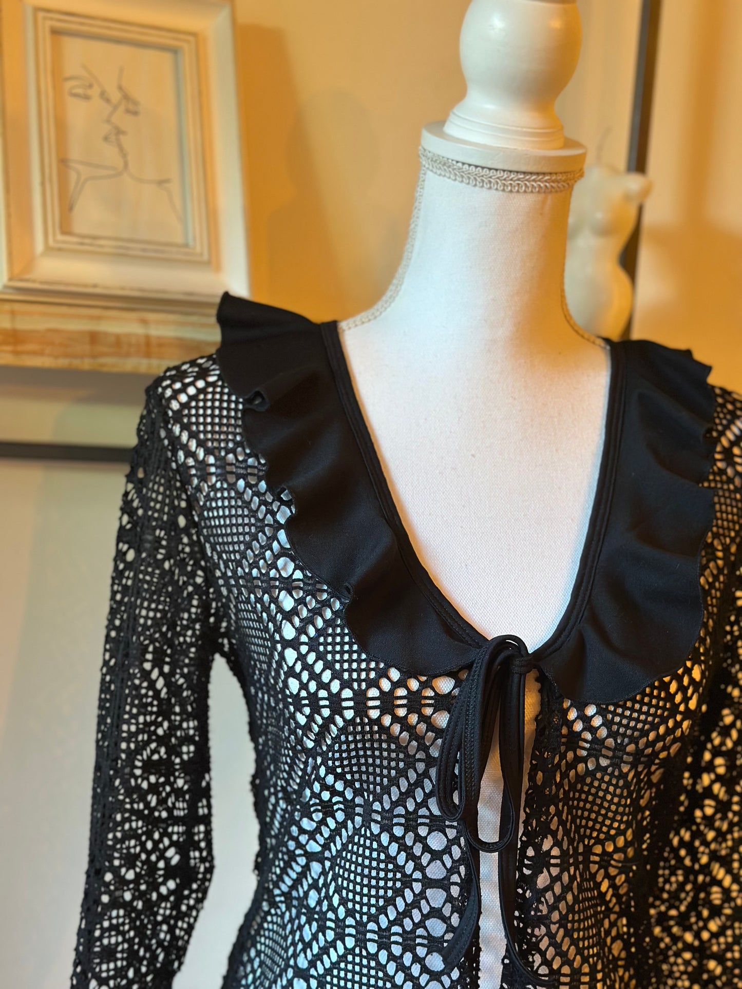 Blouse dentelle noire col volanté Vintage 20’s Tiana Mode Paris T.36