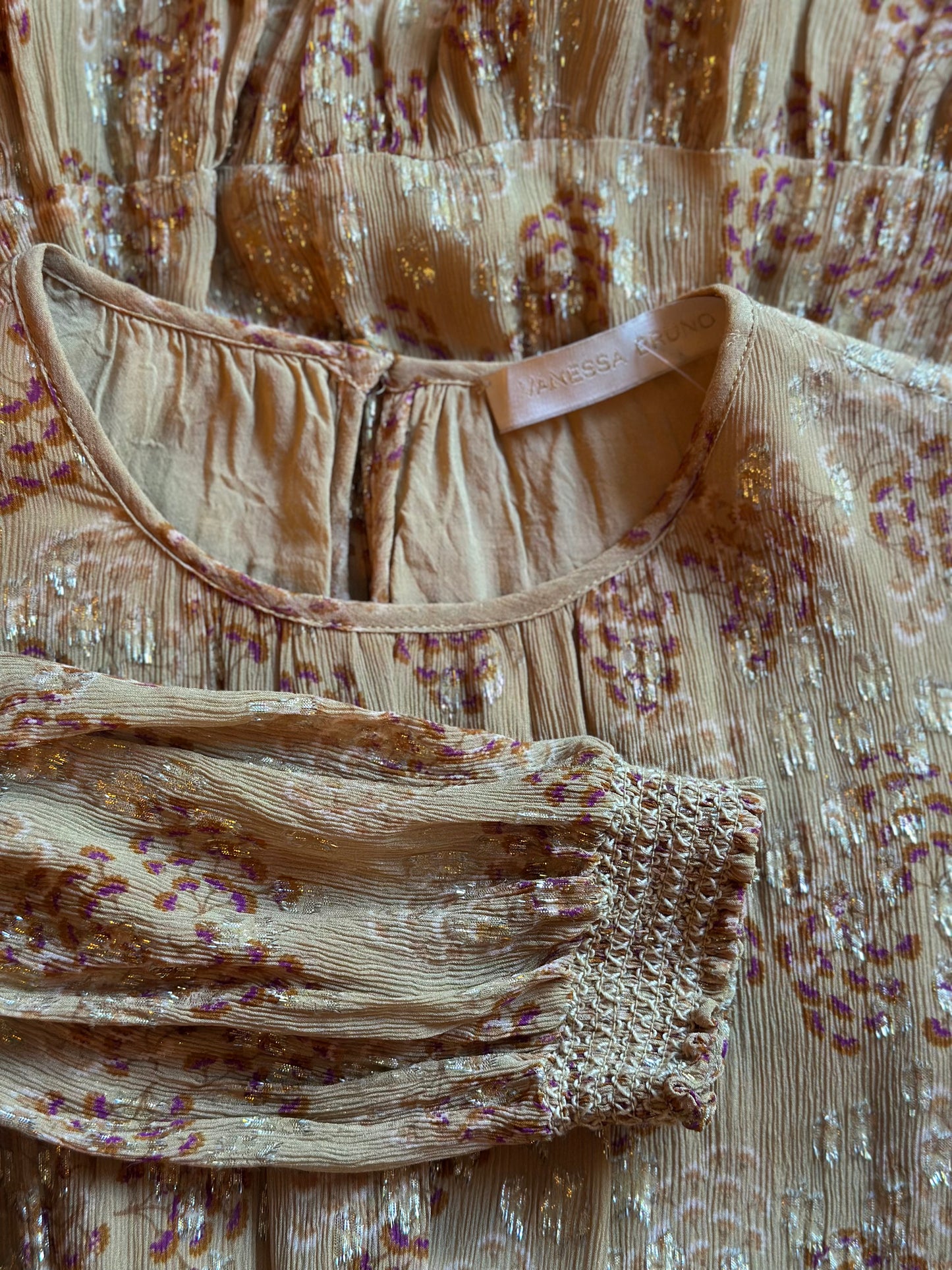 Robe midi imprimé fleuri beige nude et lurex doré taille 34