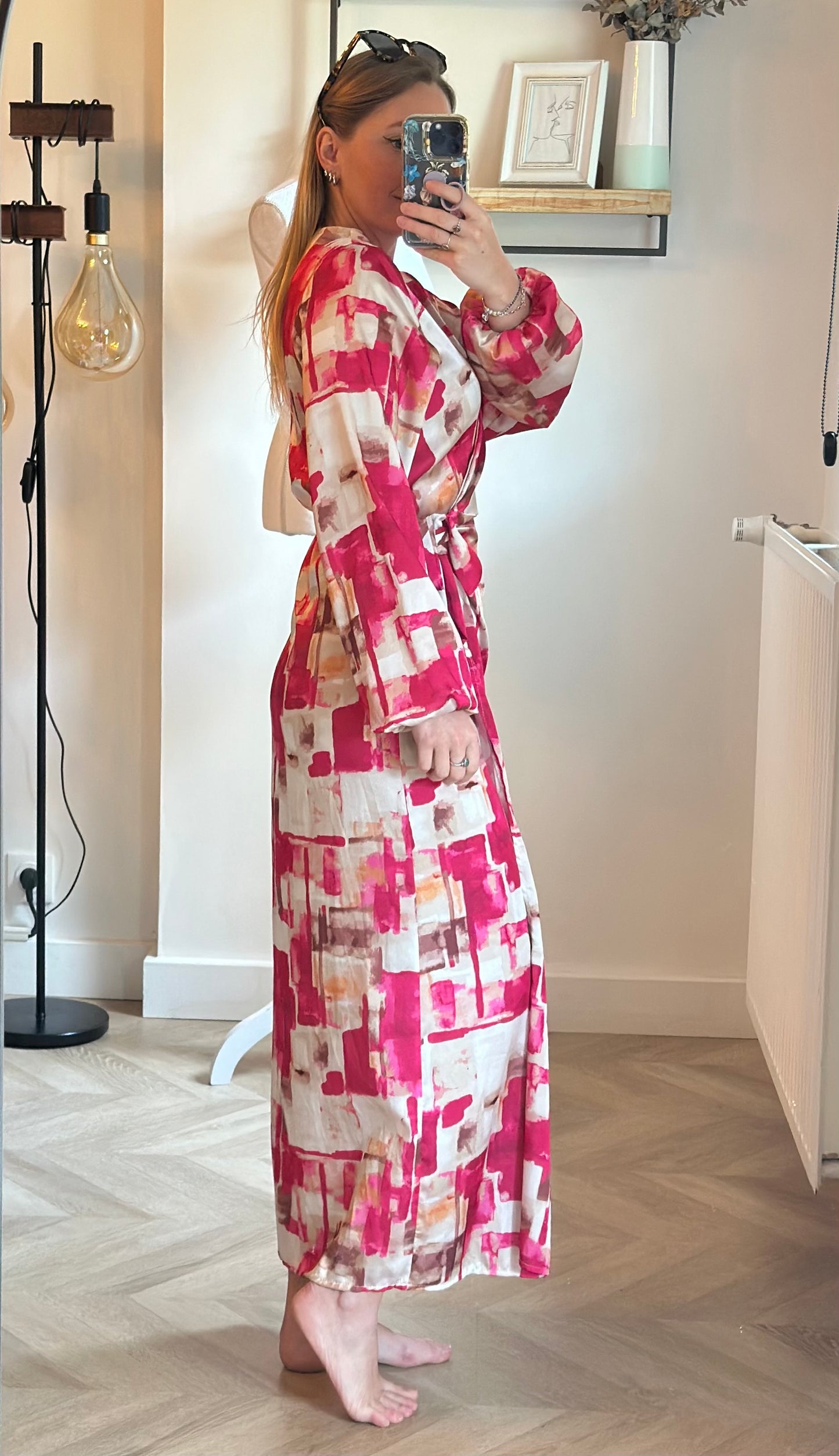 Robe portefeuille imprimé coloré rose et écru T.U