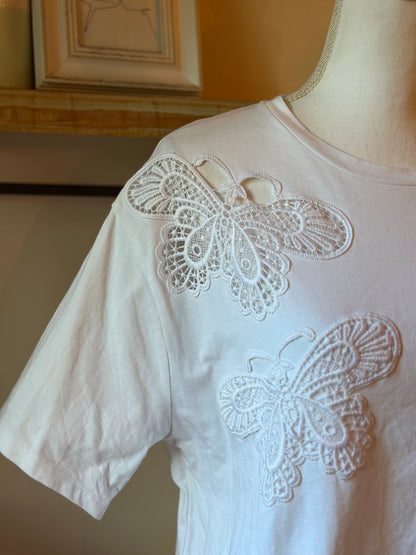 T-shirt manches courtes blanc brodé papillon en coton T.40 oversize