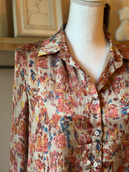 Chemise fluide fleurie beige irisée T.36