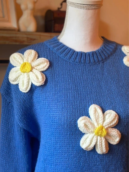 Pull oversize à fleurs en relief bleu T.36/38 neuf