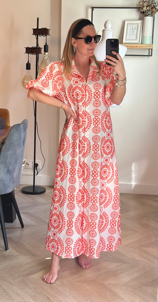 Robe longue imprimé graphique rouge blanc fluide T.38