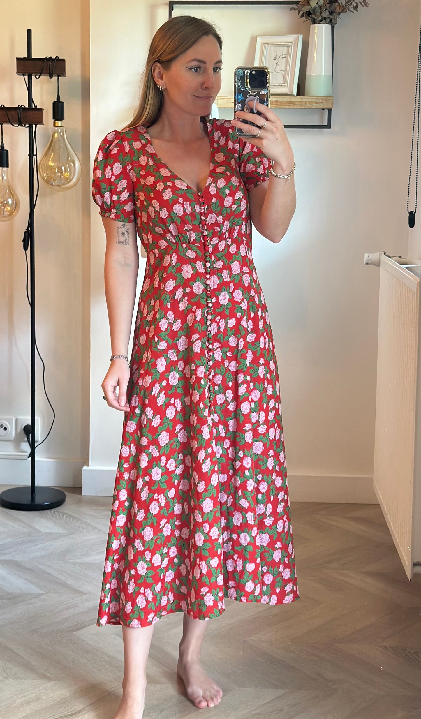 Robe longue fleurie rouge en soie T.36