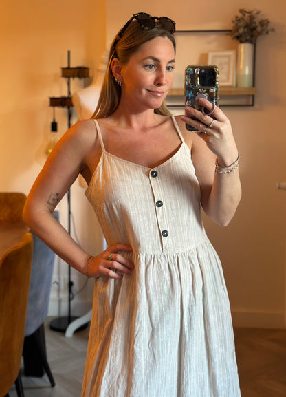 Robe midi à rayures fines beige – en lin T.40