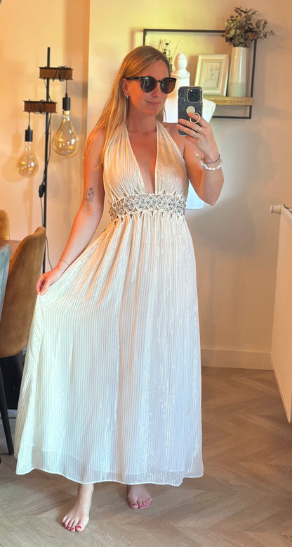 Robe longue dos nu écrue et dorée T.34