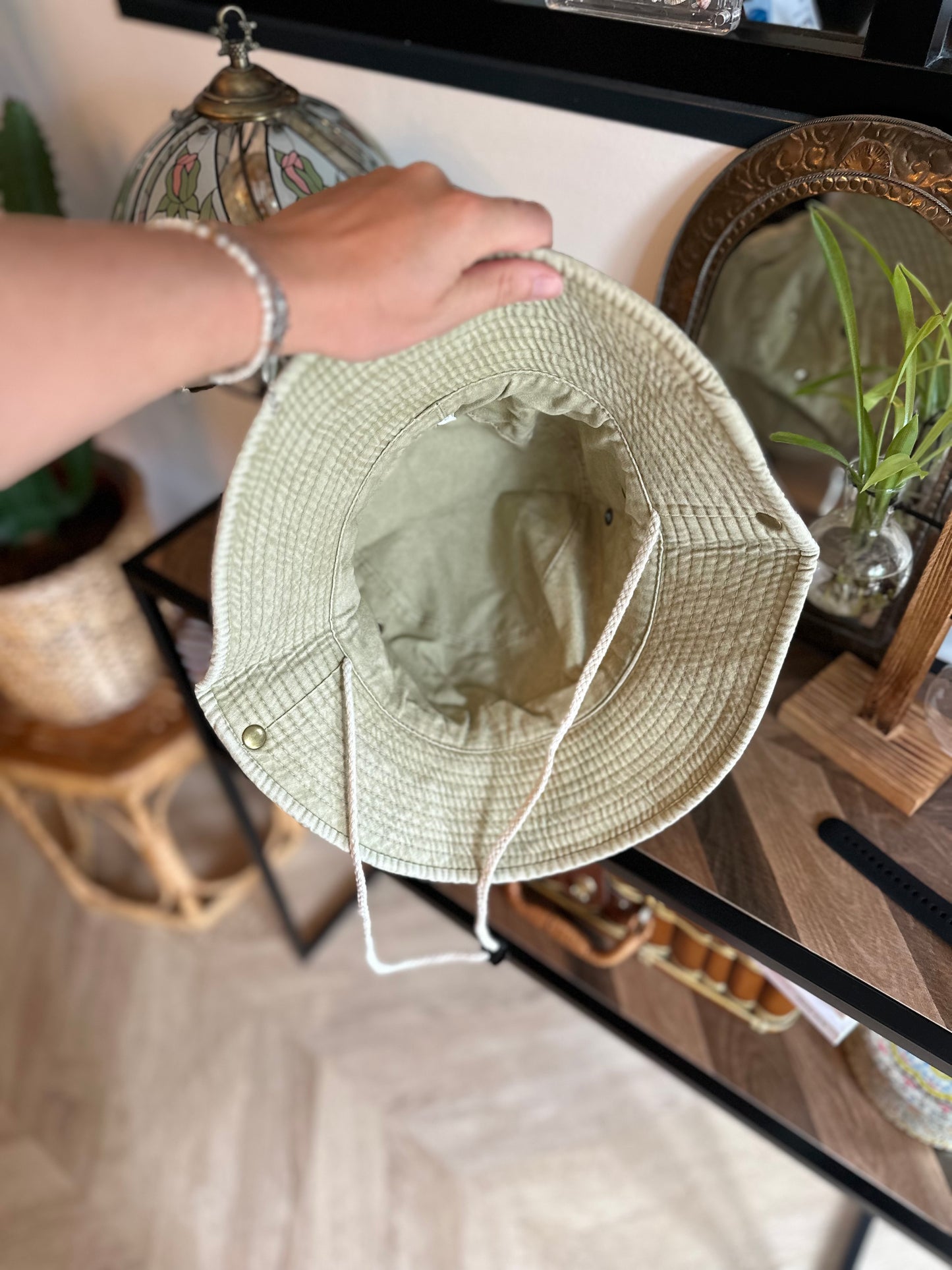 Chapeau unisexe beige kaki effet denim avec cordon neuf