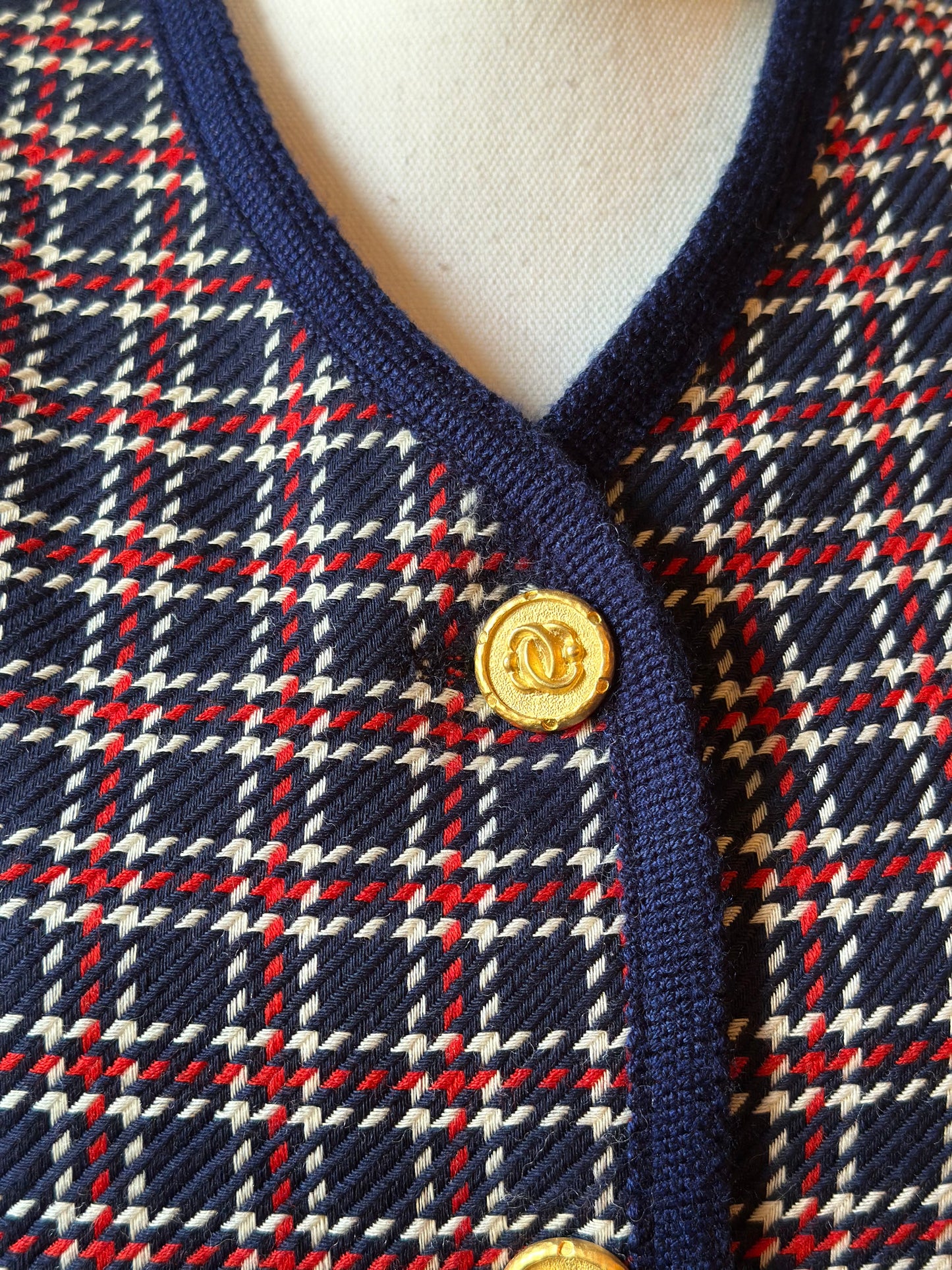 Veste vintage laine à carreaux bleu marine rouge et blanc T.42