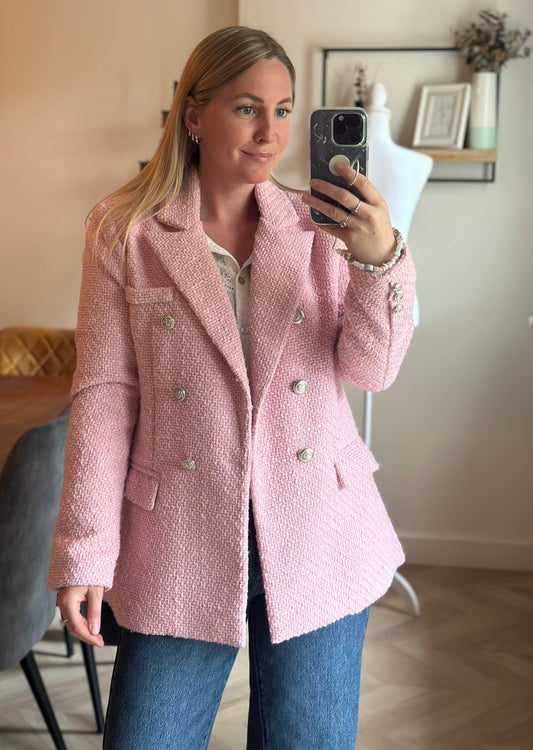 Blazer tweed rose clair boutons croisés T.36