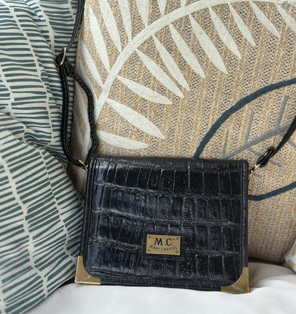 Sac bandoulière cuir noir effet croco vintage
