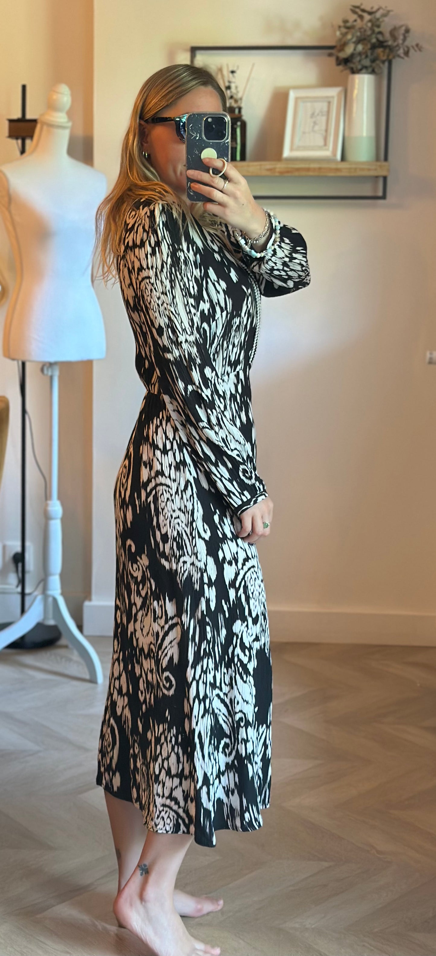 Robe longue imprimée noir et écru Made in France T.38/40