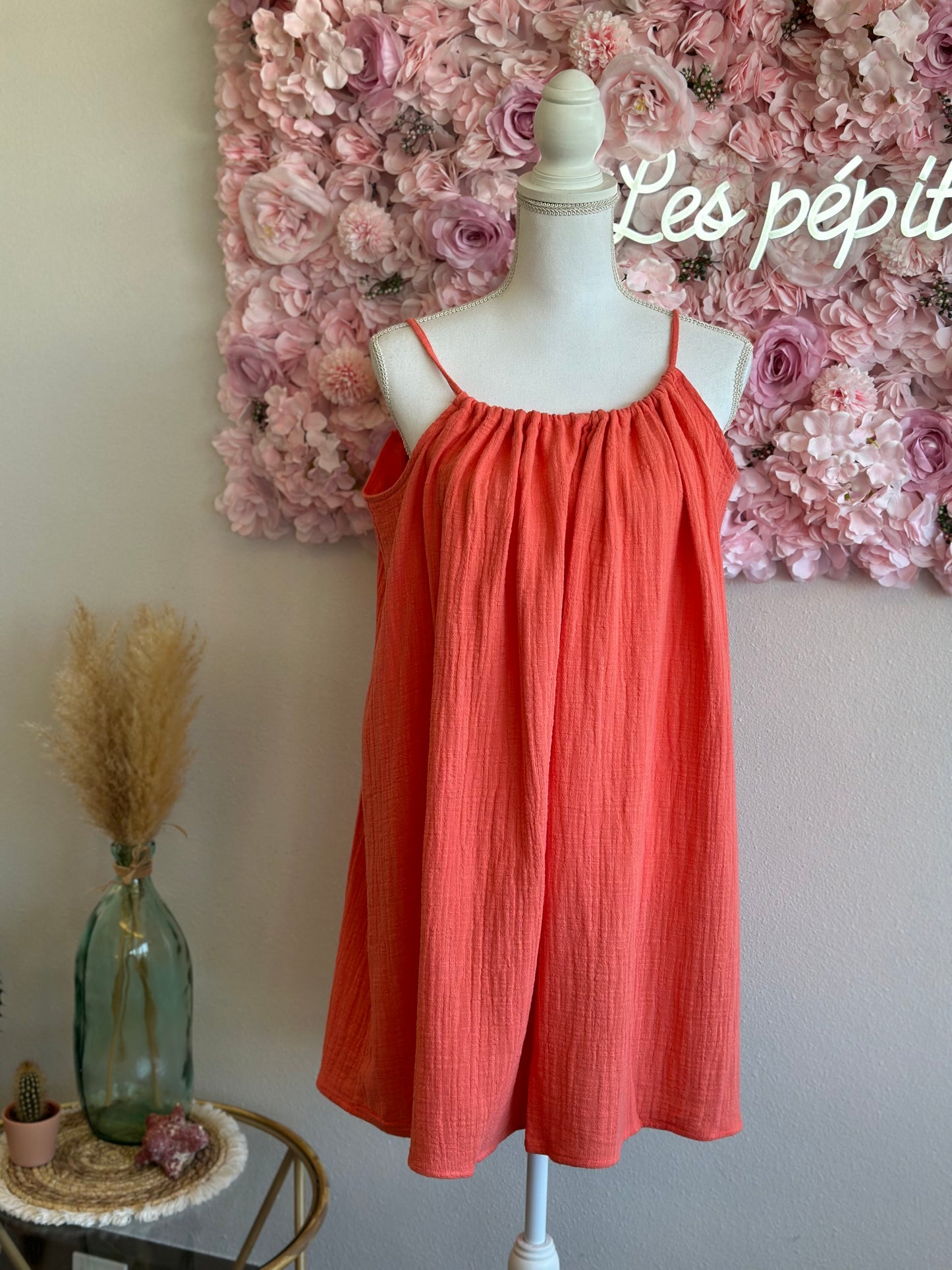 Robe d’été en gaze de coton corail, neuve, modèle Karma T.U