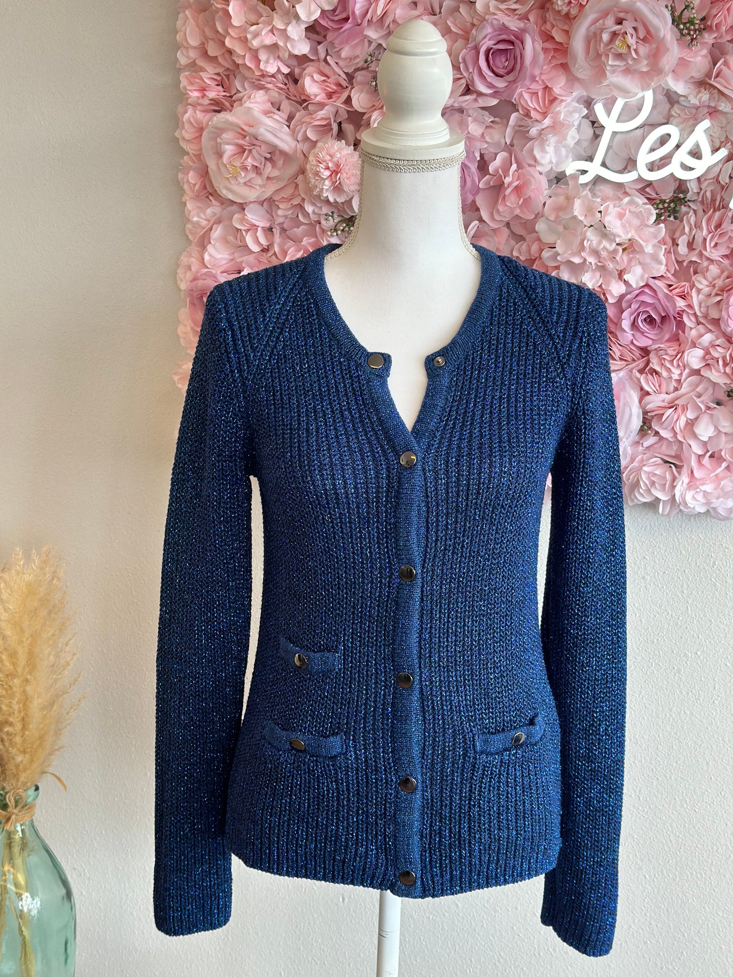 Cardigan en maille bleu avec lurex argenté T.36