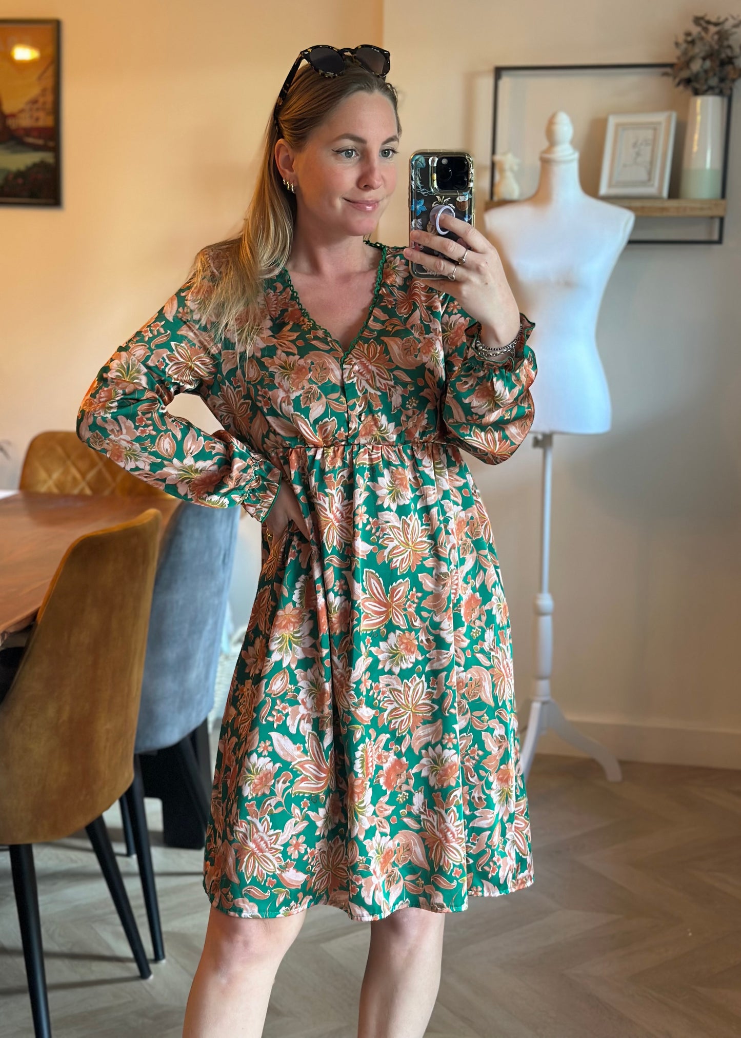 Robe fluide fleurie verte & terracotta T.38/40