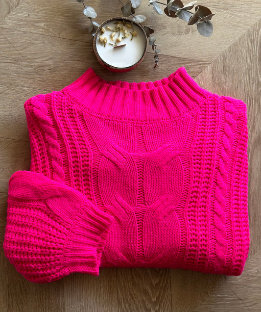 Pull d’hiver en maille torsadée rose, T.U