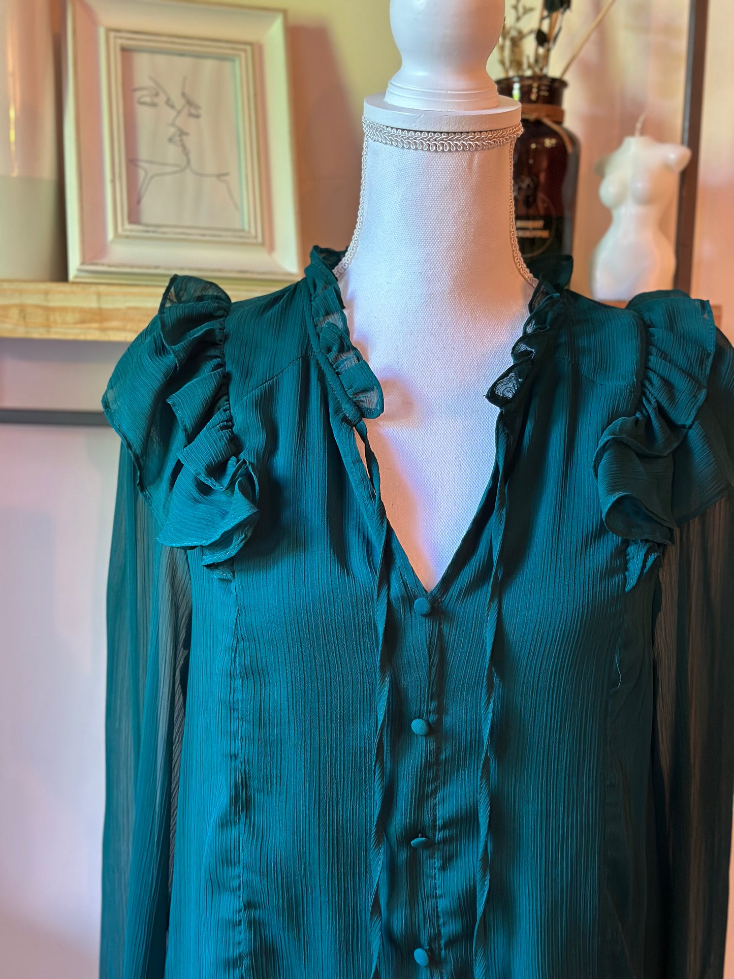 Blouse volantée vert sapin Nafnaf voile fluide T.38