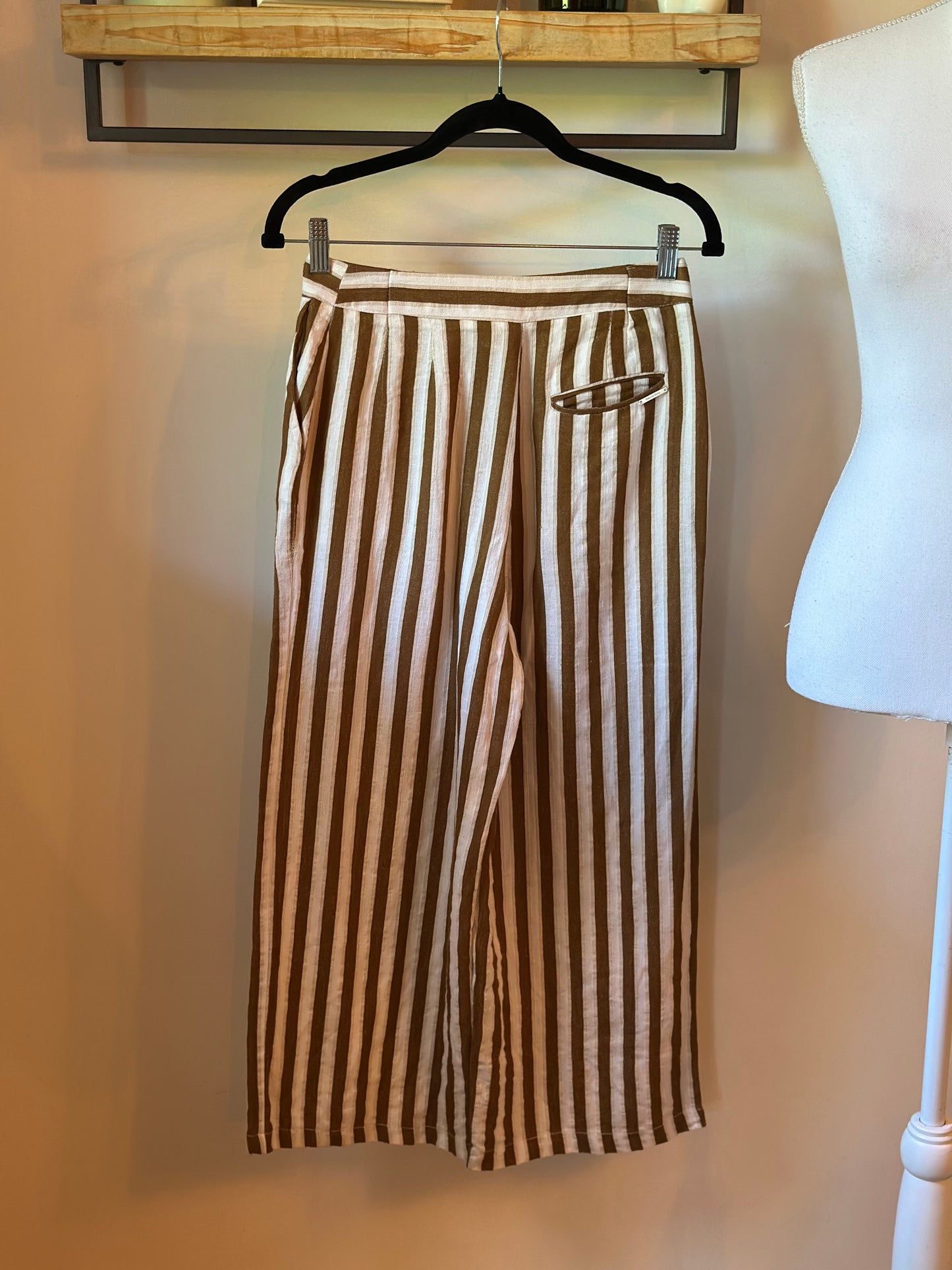 Pantalon large rayé lin coton fluide été beige & marron T.34