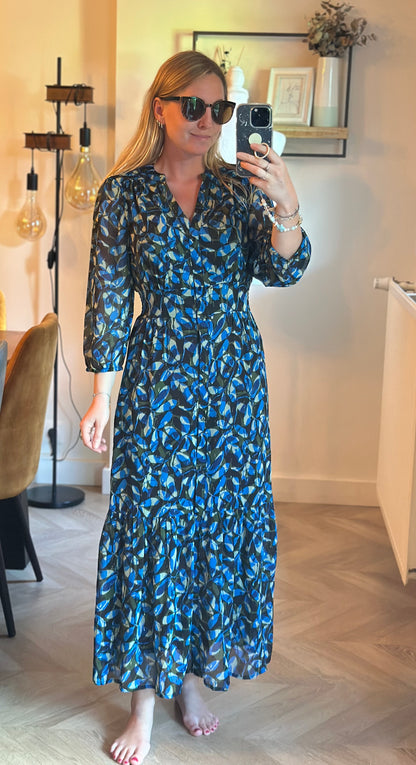 Robe longue imprimé graphique bleu neuve avec étiquette T.34