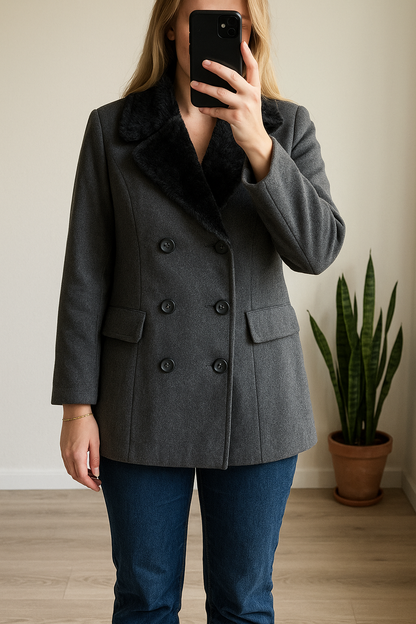 Manteau en laine gris col fausse fourrure Vintage 20s’ T.40