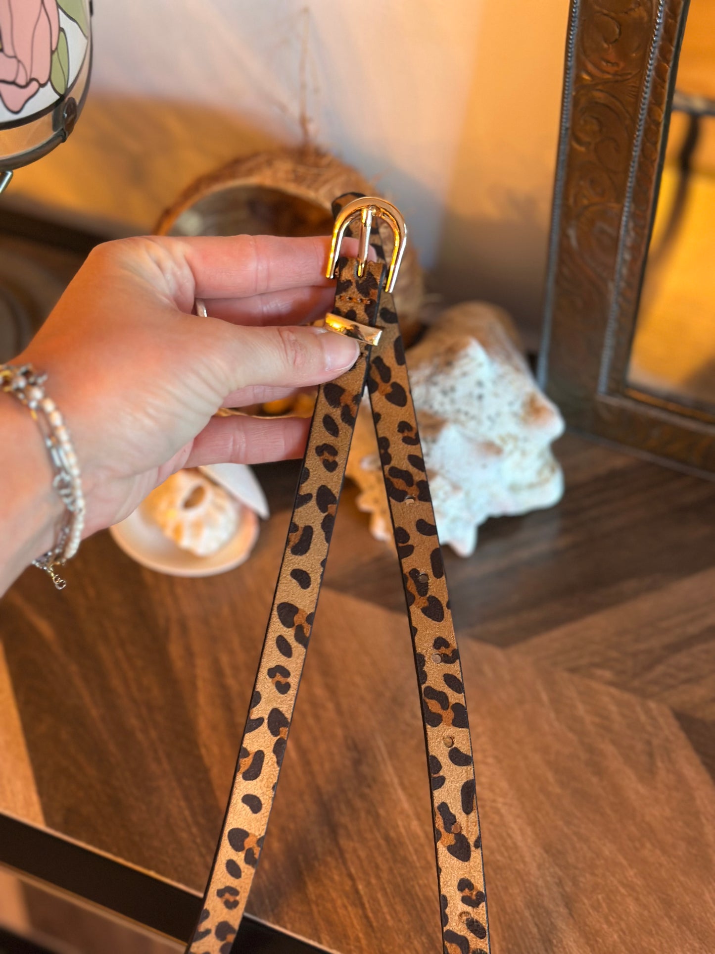 Ceinture léopard ajustable – boucles dorées, 105 cm