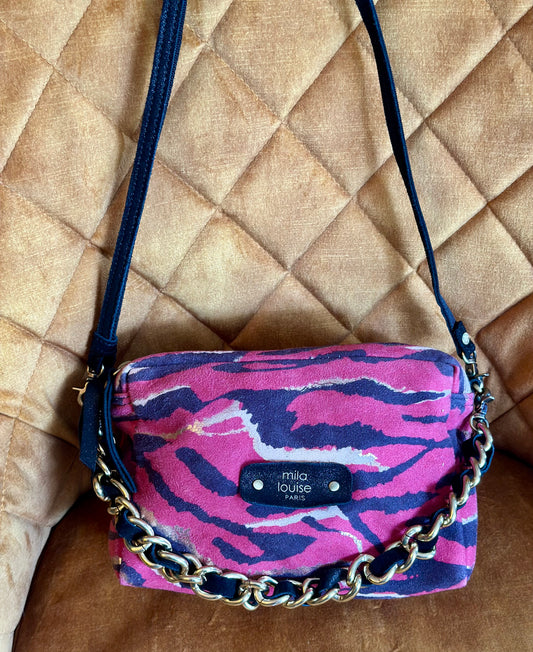 Sac en cuir rose et bleu zèbre modèle “Mama” avec double bandoulière