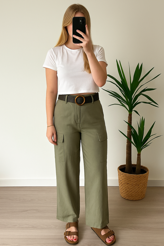 Pantalon cargo kaki jambes larges, neuf T.34