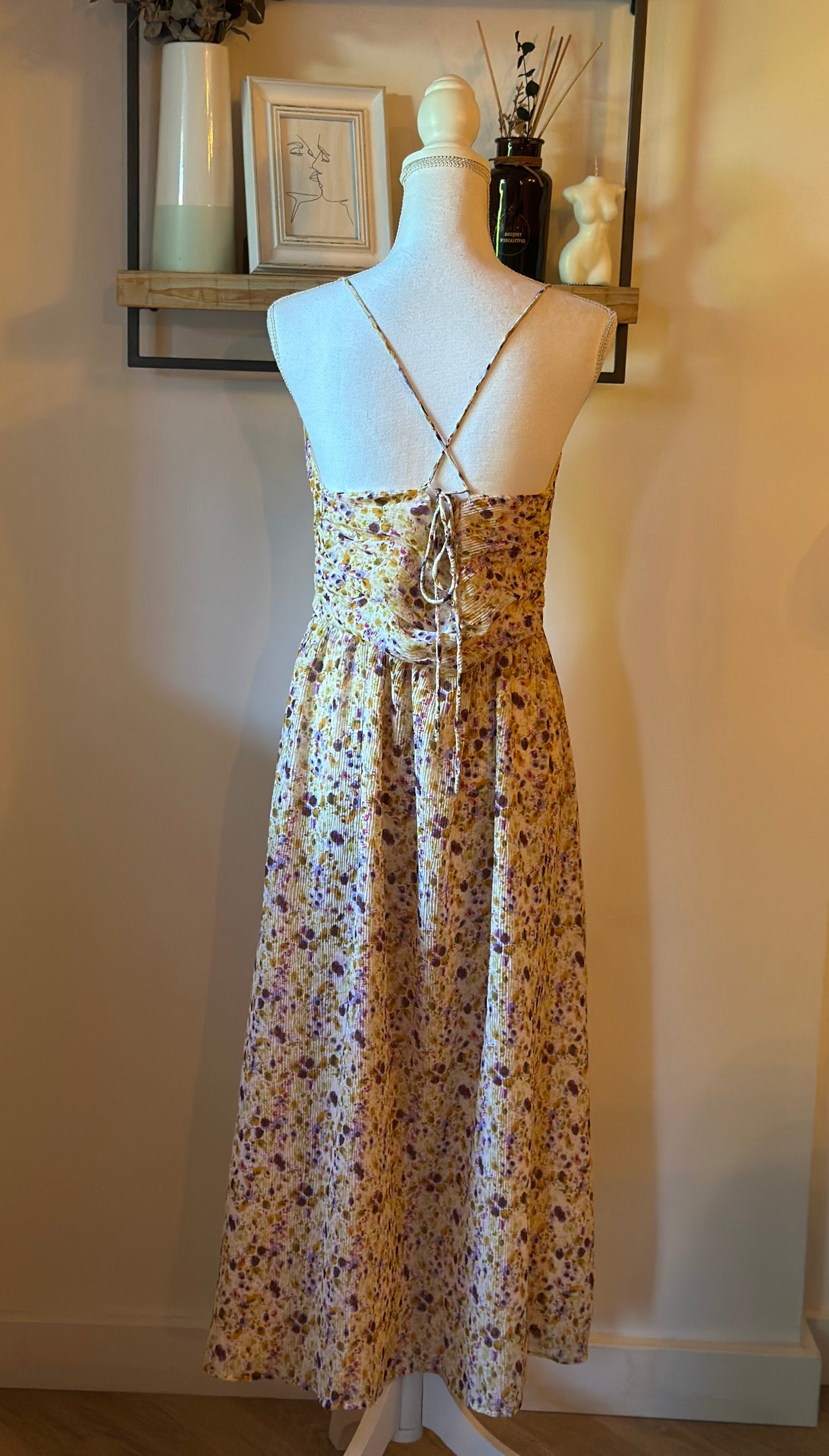 Robe longue fleurie T.42 – dos croisé réglable & doublée