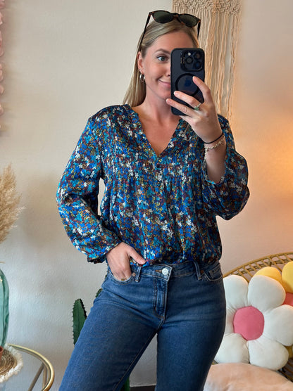 Blouse satinée bleue imprimée fleurs bohème, T.38