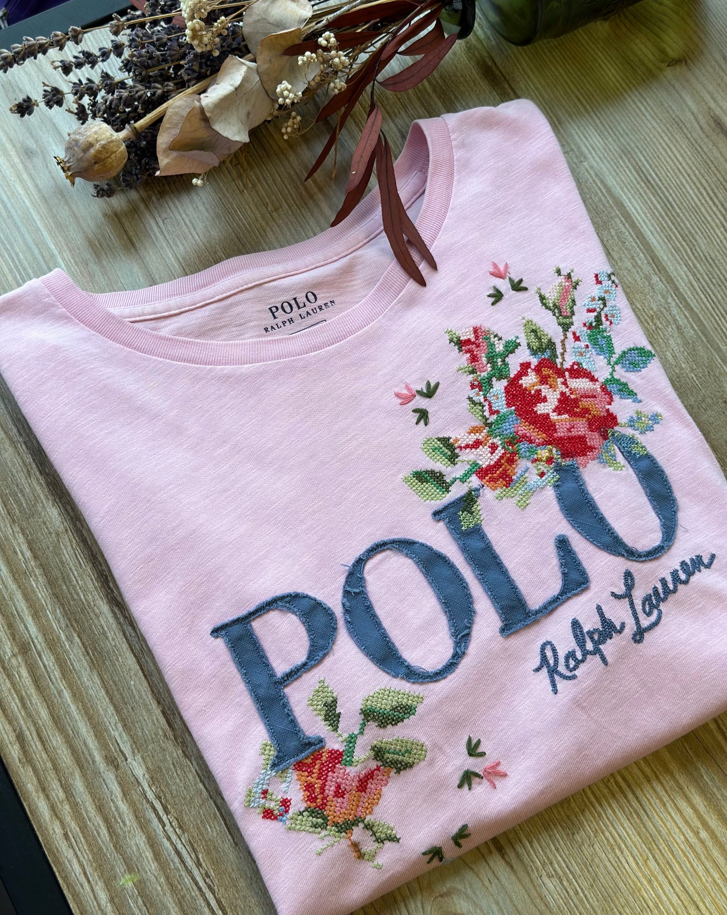 T-shirt rose clair imprimé broderie fleurie, T.40