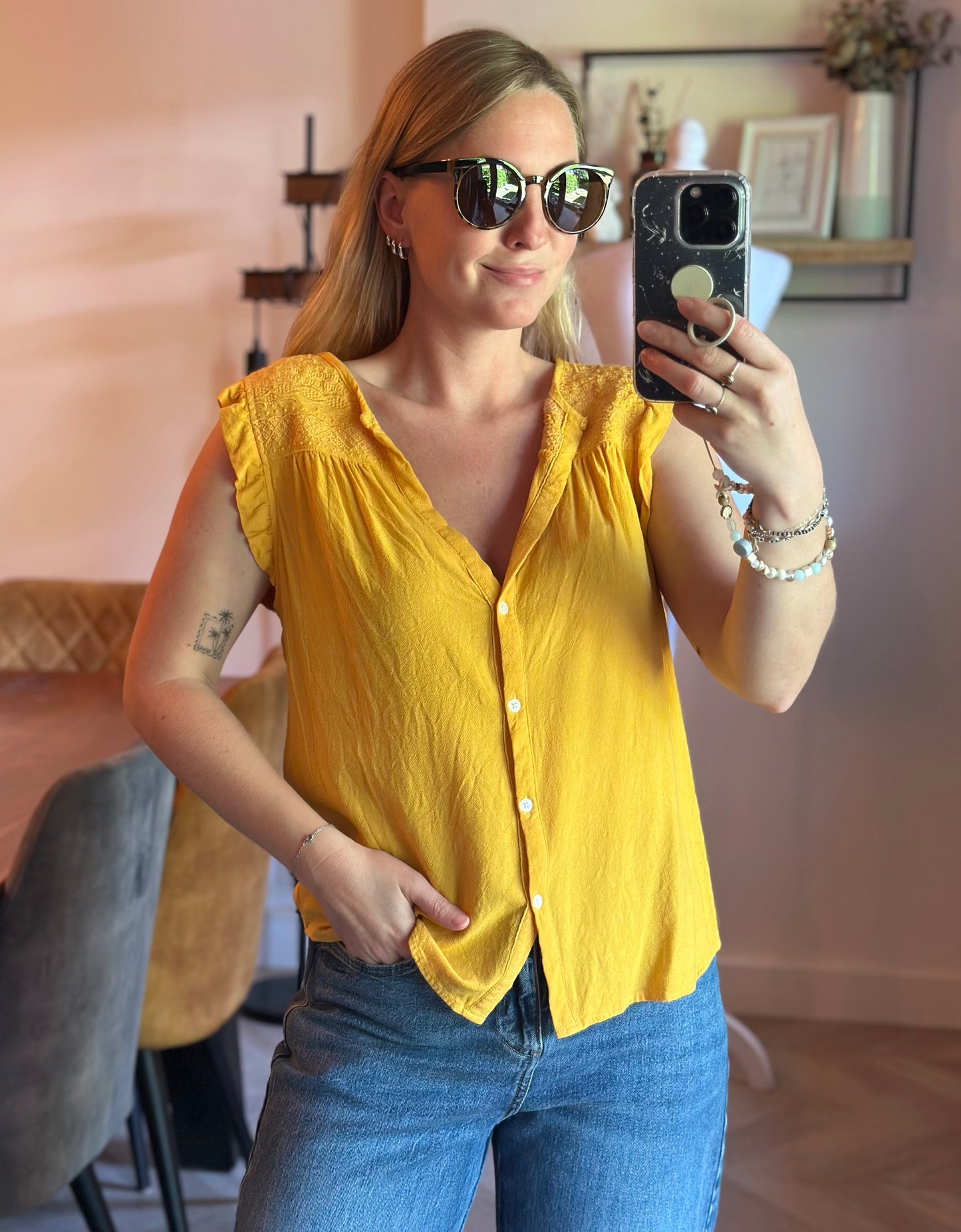 Blouse jaune moutarde T38 en viscose et lin
