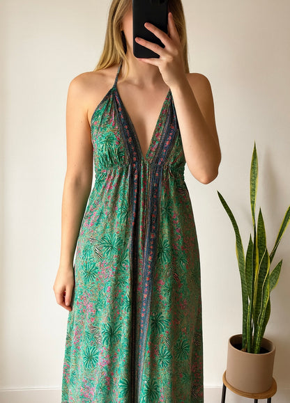 Robe longue imprimé fleuri, dos nu, en soie T.U