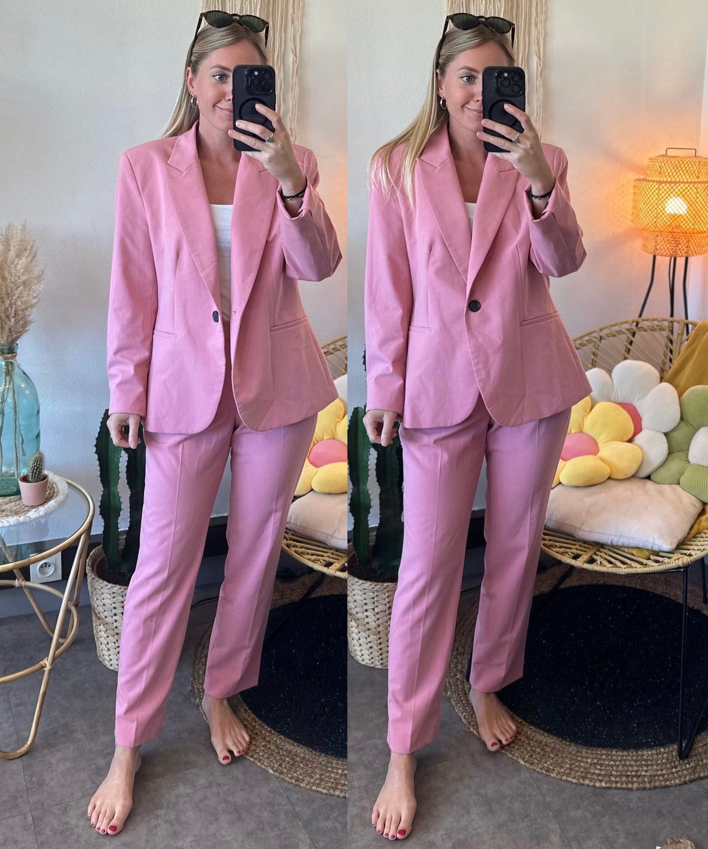 Ensemble de tailleur deux pièces blazer + pantalon rose clair T.38/40