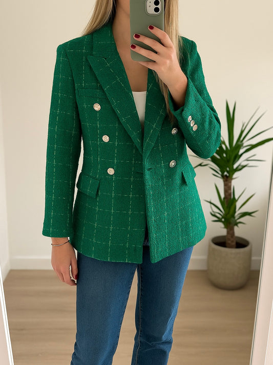 Blazer vert en tweed à carreaux T.36
