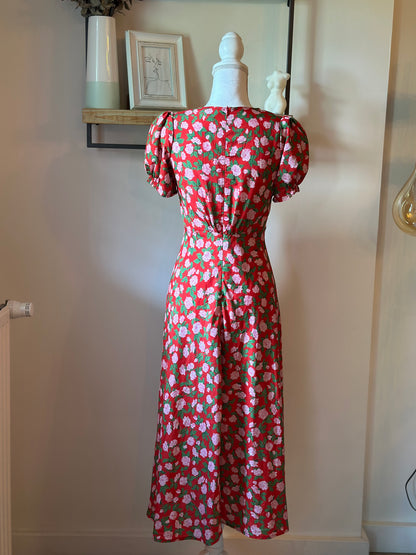 Robe longue fleurie rouge en soie T.36