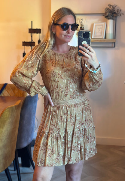 Robe midi imprimé fleuri beige nude et lurex doré taille 34