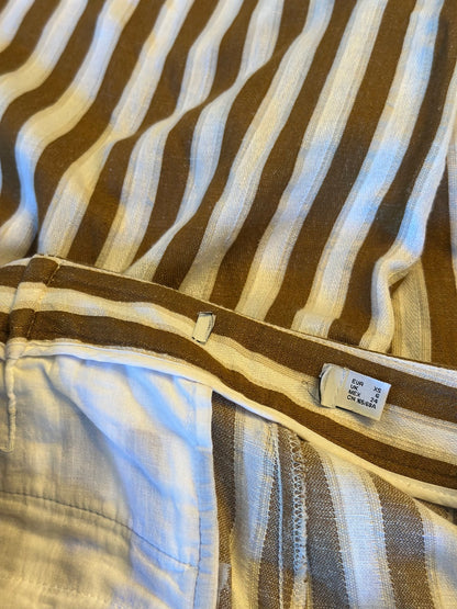 Pantalon large rayé lin coton fluide été beige & marron T.34