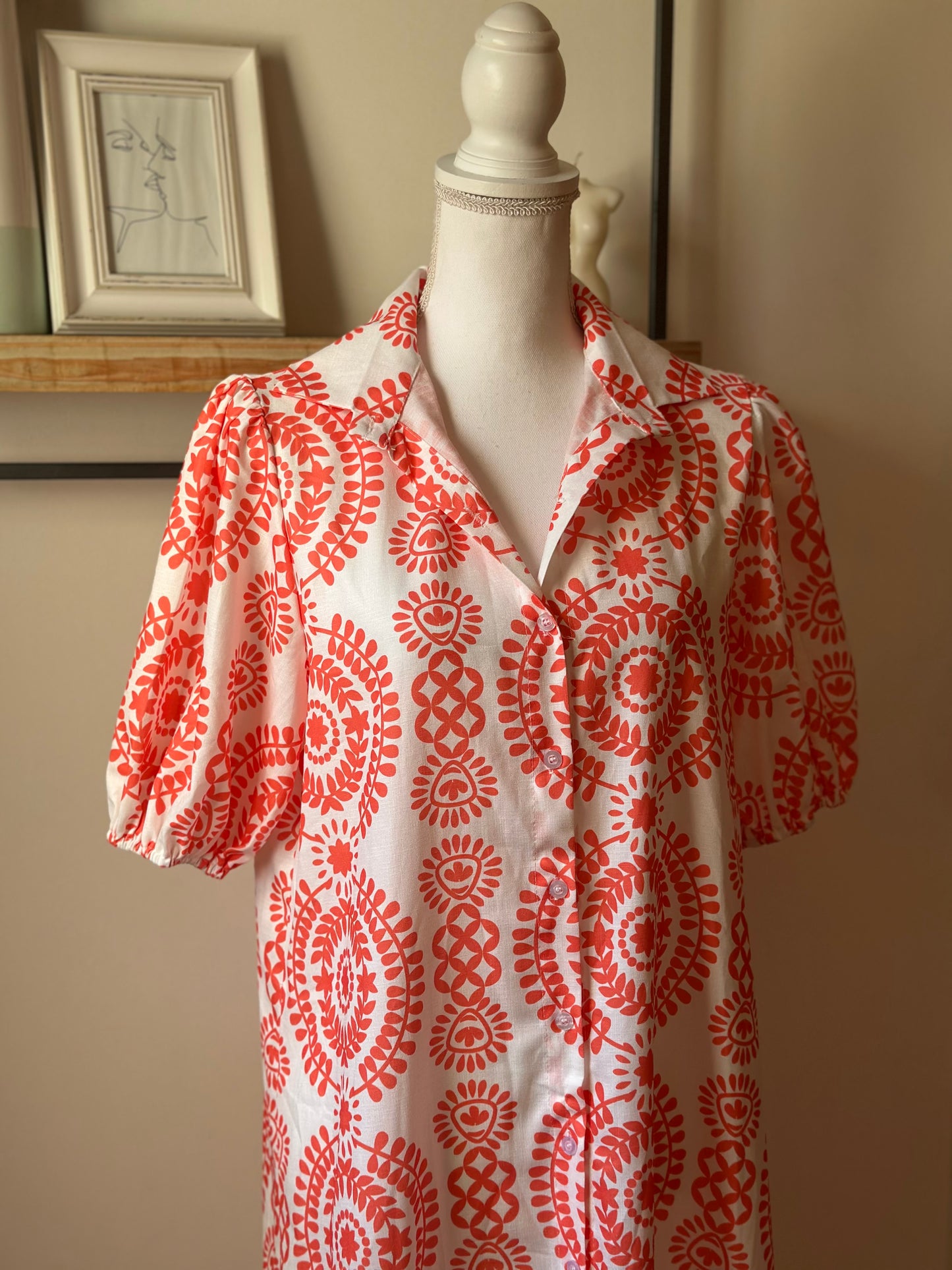 Robe longue imprimé graphique rouge blanc fluide T.38