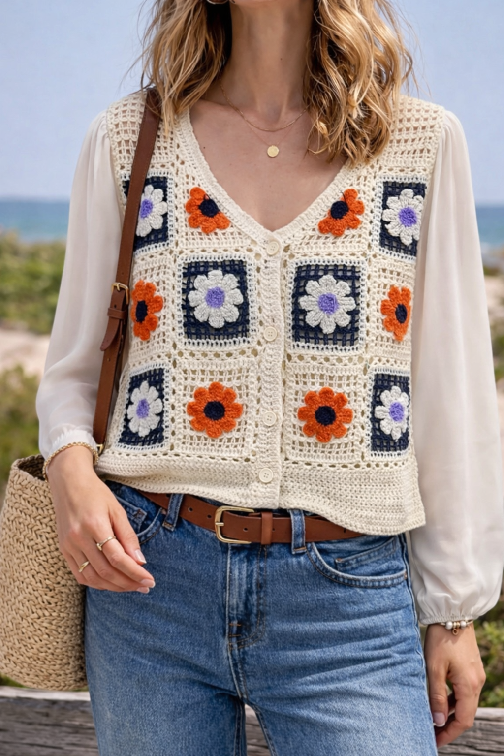 Cardigan en crochet fleuri multicolore T.36