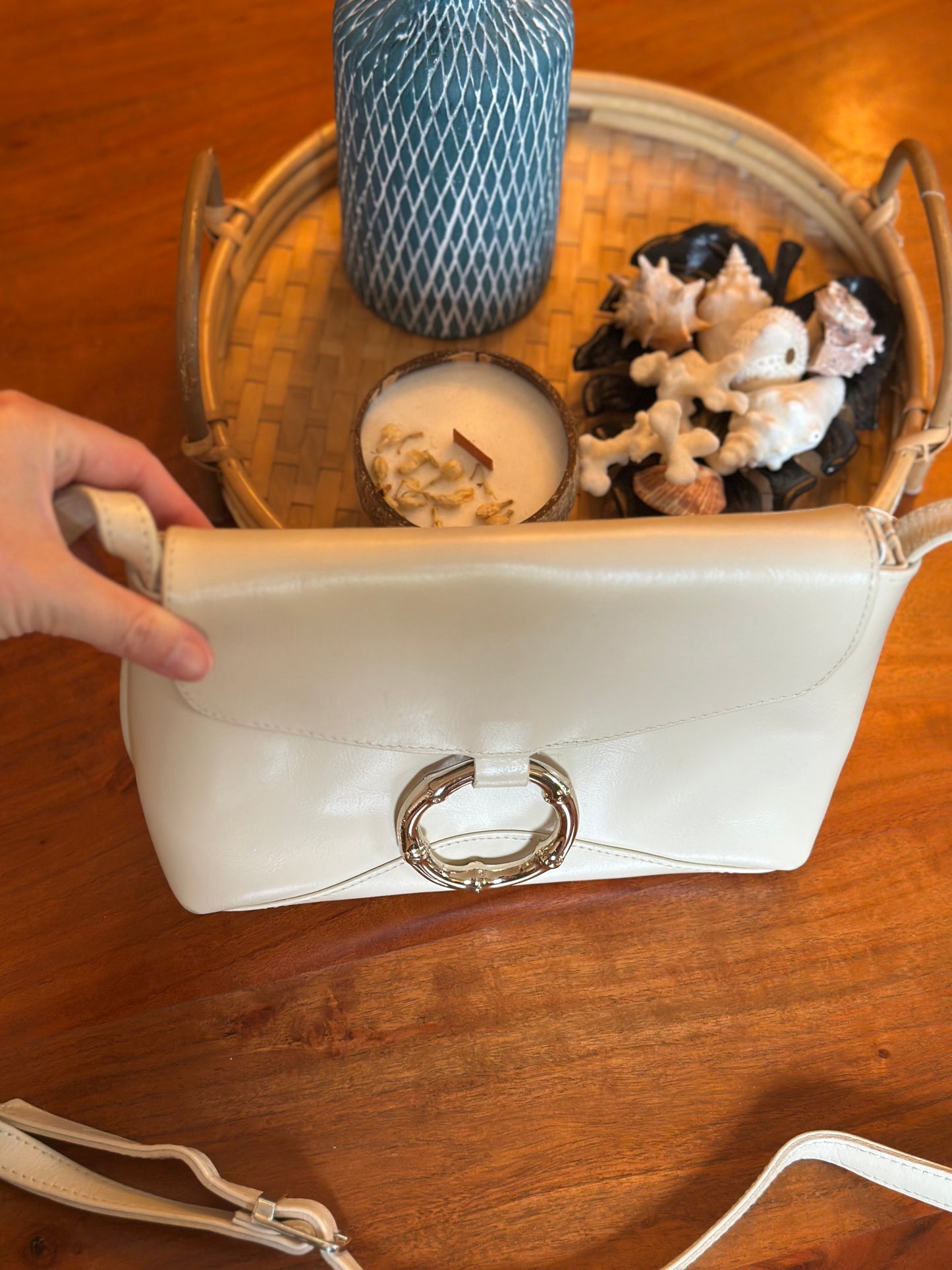 Sac bandoulière en cuir blanc crème cercle argenté – Vintage Made in France