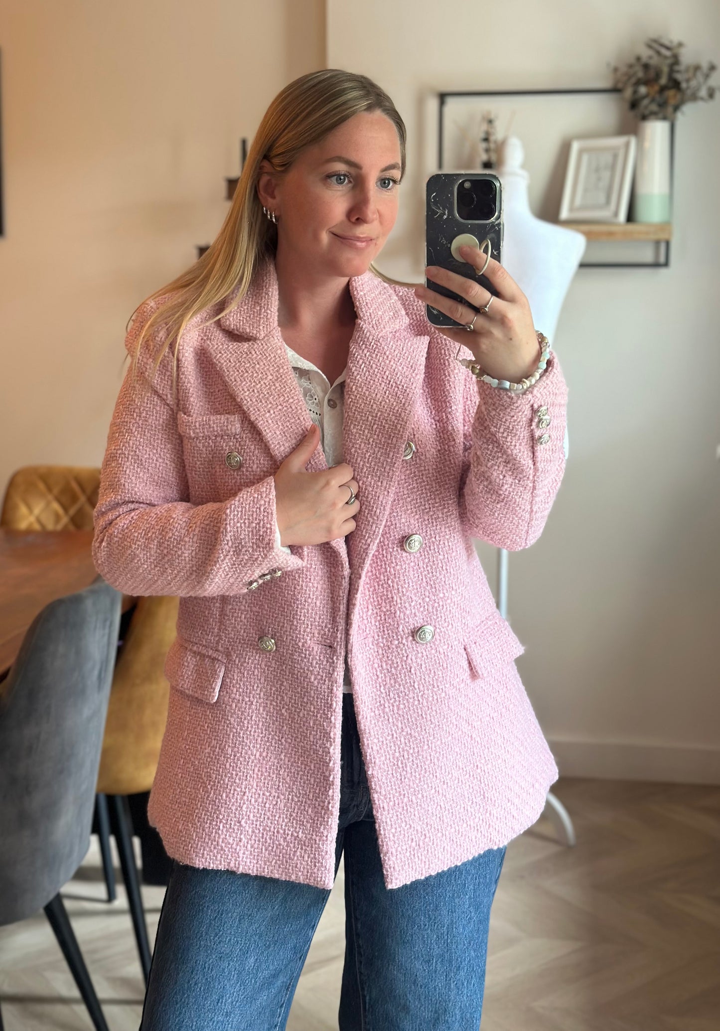 Blazer tweed rose clair boutons croisés T.36