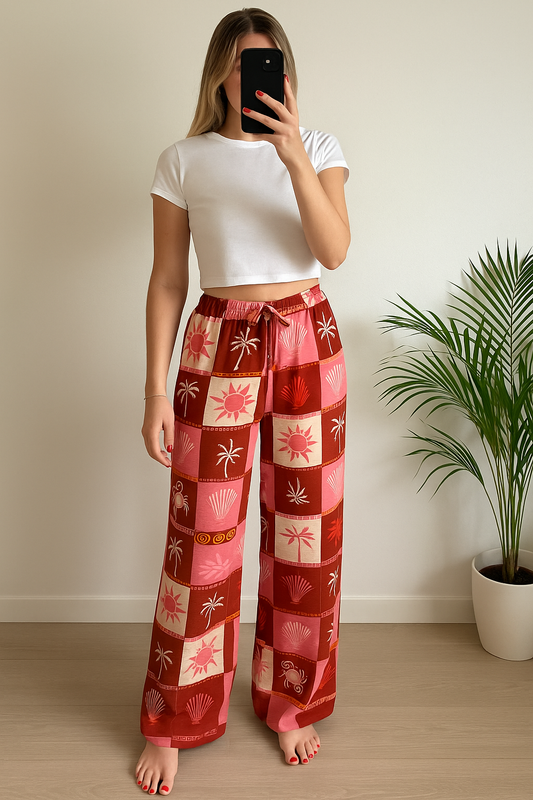 Pantalon d’été jambes larges, imprimé palmiers rose neuf T.U