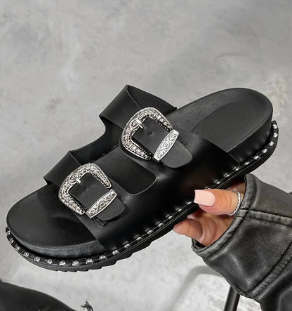Sandales western à boucle épaisse noir/argent P.36