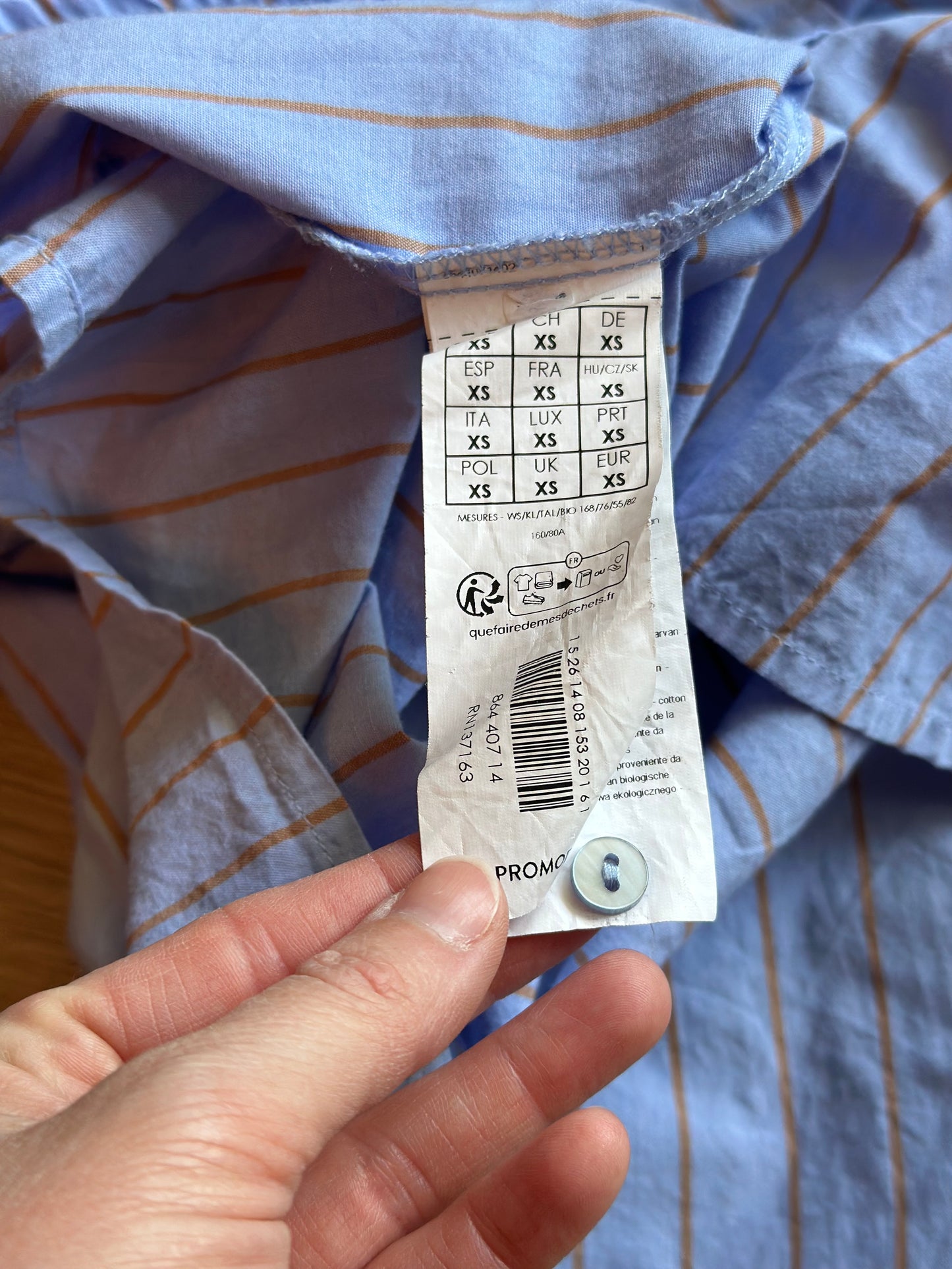 Chemise rayée bleu ciel et camel en coton bio T.34 oversize