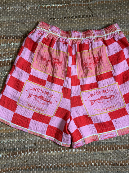 Short fluide imprimé carreaux rouge et rose viscose T.U