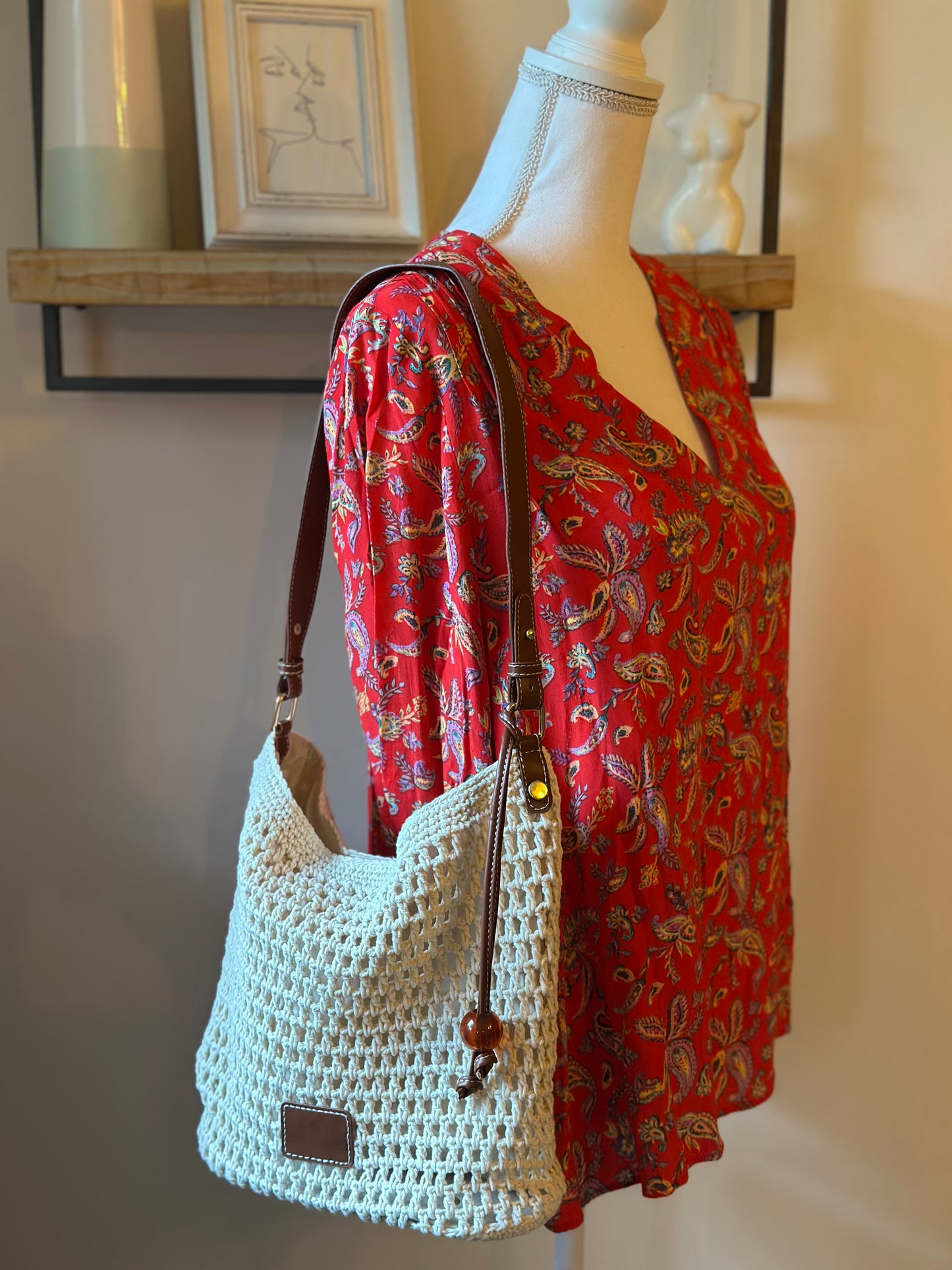 Sac bandoulière tressé crème et marron – Neuf